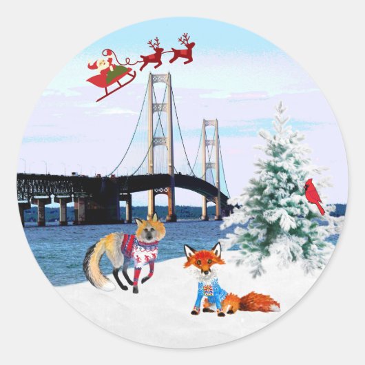 Rond Sticker de Noël du pont Mackinac (Devant)