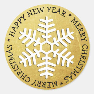 Rond Sticker de Noël Joyeux Snowflake Gold