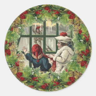 Rond Sticker de Noël mignon enfants à la fenêtre