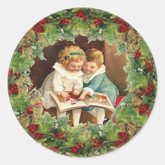 Rond Sticker de Noël mignon enfants lecture (Devant)