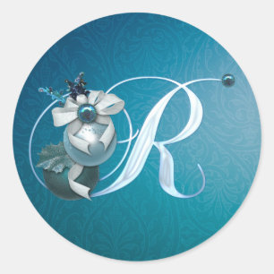 Rond Sticker de Noël Monogramme R Turquoise Ornement