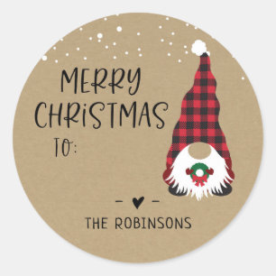 Rond Sticker de Noël Rouge Gnome Joyeux