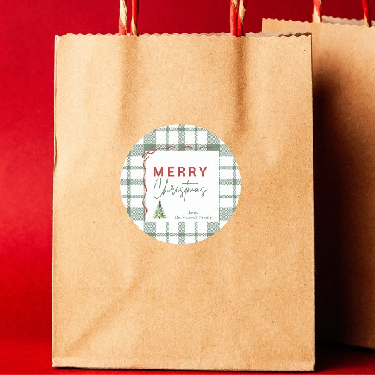 Rond Sticker de Noël rustique vert plaid