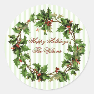 Rond Sticker de Noël Vintage Holly Wreath