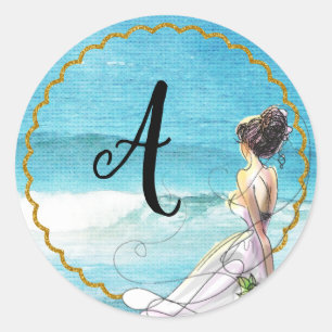 Rond Sticker d'illustration de mariage de plage