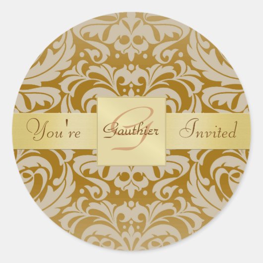 Rond Sticker d'invitation en or Monogramme Tan Damask (Devant)