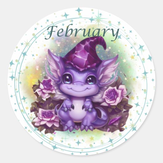 Rond Sticker Dragon Février Amethyst Birthstone (Devant)
