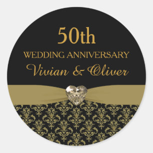 Rond Sticker du 50e anniversaire du Mariage Gold Damask
