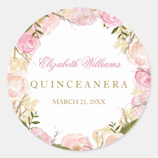 Rond Sticker élégant Quinceanera Rose Rose (Devant)