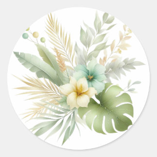 Rond Sticker en aquarelle douce Feuilles et fleurs trop