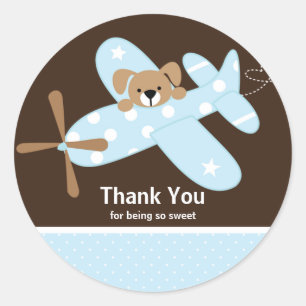 Rond Sticker en Baby shower Merci d'avion bleu