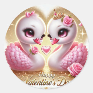 Rond Sticker en cygne rose de la Saint-Valentin