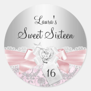 Rond Sticker en dentelle rose & Floral Sweet 16