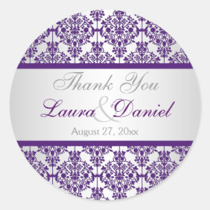 Rond Sticker en Merci argenté et violet Damask 1,5 po