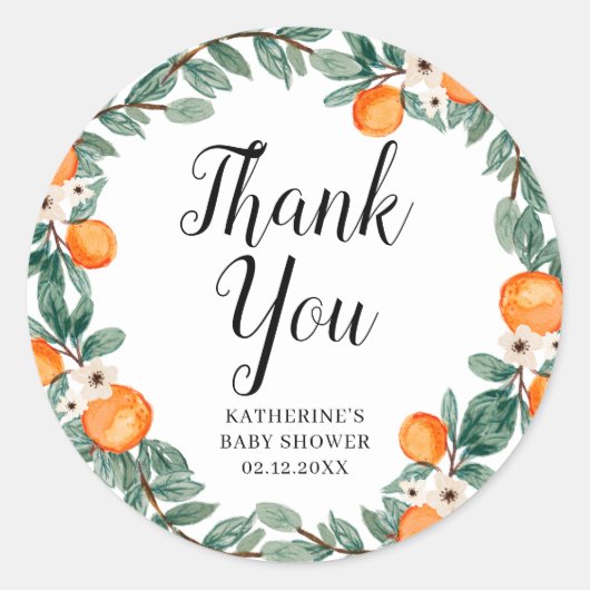 Rond Sticker en Merci Baby shower double Oranges (Devant)