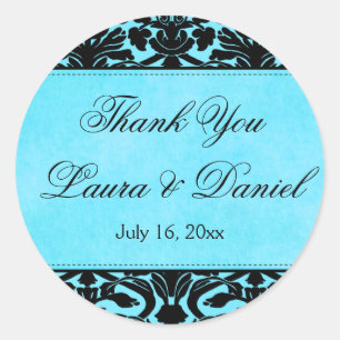 Rond Sticker en Merci bleu et noir Damask 1,5 po