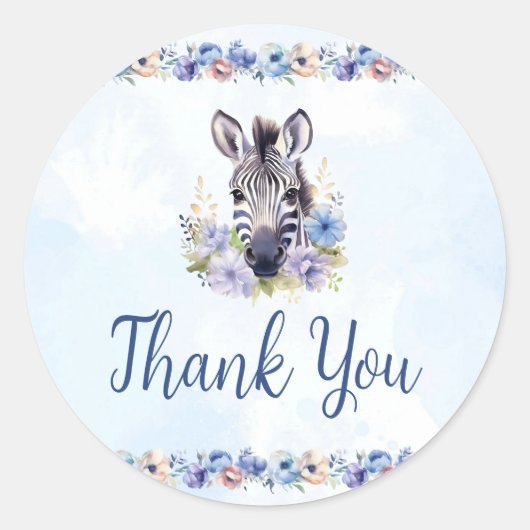 Rond Sticker en Merci bleu floral Zebra (Devant)