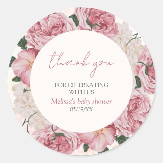 Rond Sticker en Merci de Baby shower rose (Devant)