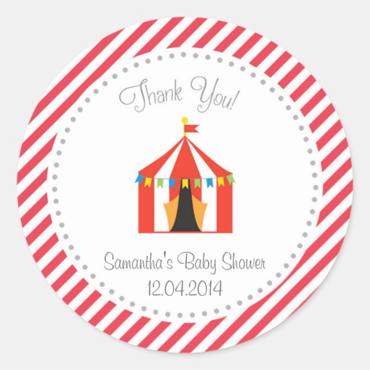 Rond Sticker en Merci de Baby shower Tente Circus rouge (Devant)