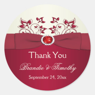 Rond Sticker en Merci de fleurs rouge et ivoire