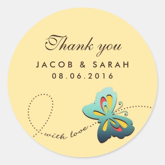 Rond Sticker en Merci de Mariage de papillon jaune (Devant)