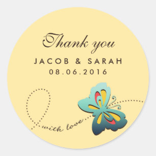 Rond Sticker en Merci de Mariage de papillon jaune