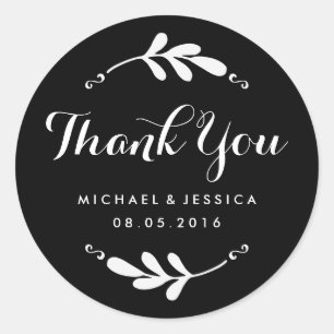 Rond Sticker en Merci de Mariage noir feuille rustique