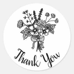 Rond Sticker en Merci Fleur sauvage noir et blanc