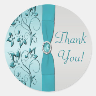 Rond Sticker en Merci Floral Aqua et Silver