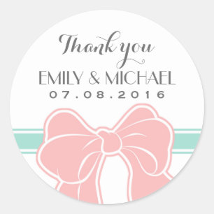 Rond Sticker en Merci Mariage à ruban rose blanc