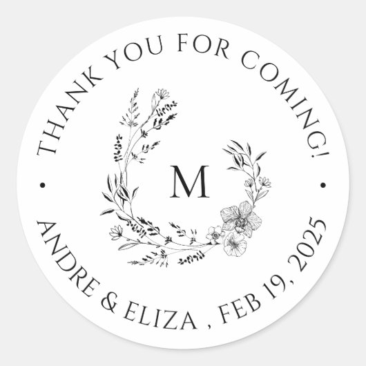 Rond Sticker en Merci Mariage Monogramme noir et blanc (Devant)