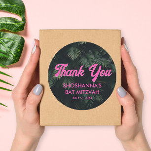 Rond Sticker en Merci personnalisé rose tropicale néon