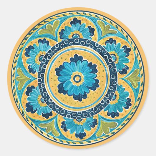 Rond Sticker en tuiles mexicaines Florales Bleues (Devant)