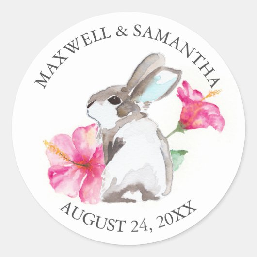 Rond Sticker Enveloppe, Lapin Rose Floral (Devant)