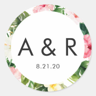 Rond Sticker Feuille Tropical Monogram Merci Favor