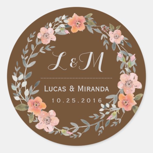 Rond Sticker Fleur Brown Rustique Wreath Wedding Favor (Devant)