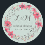 Rond Sticker Fleur Rose Rustique Fleur Wreath Wedding F<br><div class="desc">Vintage et rustique couronne florale merci sticker mariage. Belle aquarelle dessinant des fleurs et des feuilles avec des baies roses. Monogramme autocollant avec initiales de mariée et de mariée. Customisez le libellé pour la faveur de mariage du printemps, la faveur de la fête pour le étiquette pour la douche nuptiale,...</div>