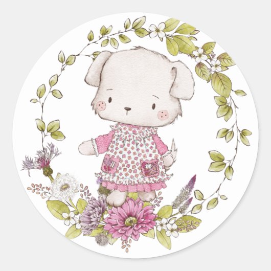 Rond Sticker Fleurs de Chien mignon (Devant)