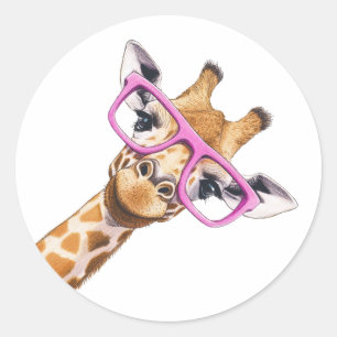Rond Sticker Giraffe avec lunettes roses
