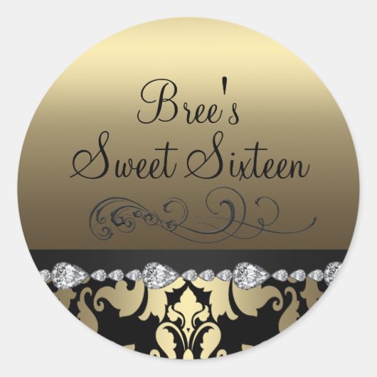 Rond Sticker Gold Damask & Diamond Sweet 16 (Devant)