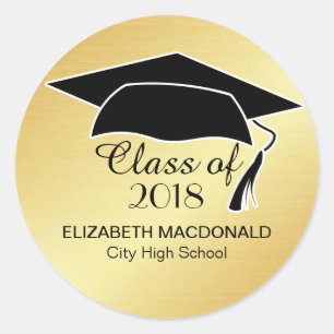 Rond Sticker Gold Graduker Black Mortar Board & Text