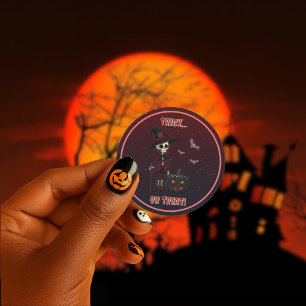 Rond Sticker Gothique Squelette et Halloween Citrouille