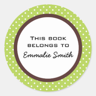 Rond Sticker Green White Polka Dot et Brown Book Name