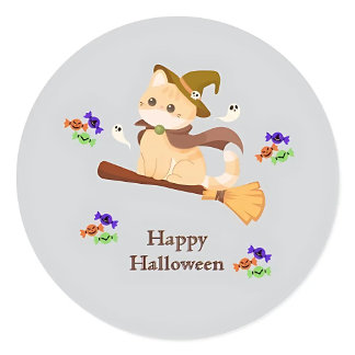 Rond Sticker Halloween Chat sorcière personnalisable