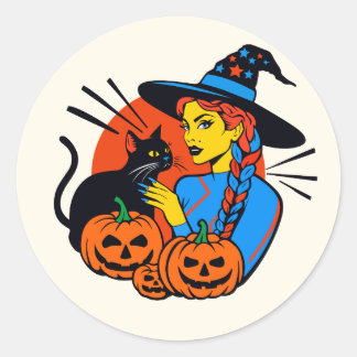 Rond Sticker Halloween sorcière avec un chat