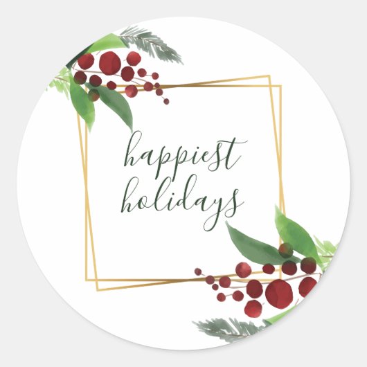 Rond Sticker Holly Branches Happest Holidays (Devant)
