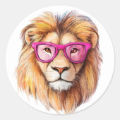Rond Sticker Lion avec lunettes roses (Devant)