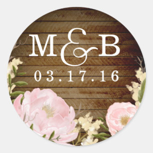 Rond Sticker Mariage à look de bois floral
