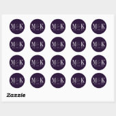 Rond Sticker Mariage à monogramme violet à prune élégan (Feuille)