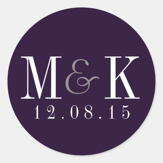 Rond Sticker Mariage à monogramme violet à prune élégan (Devant)
